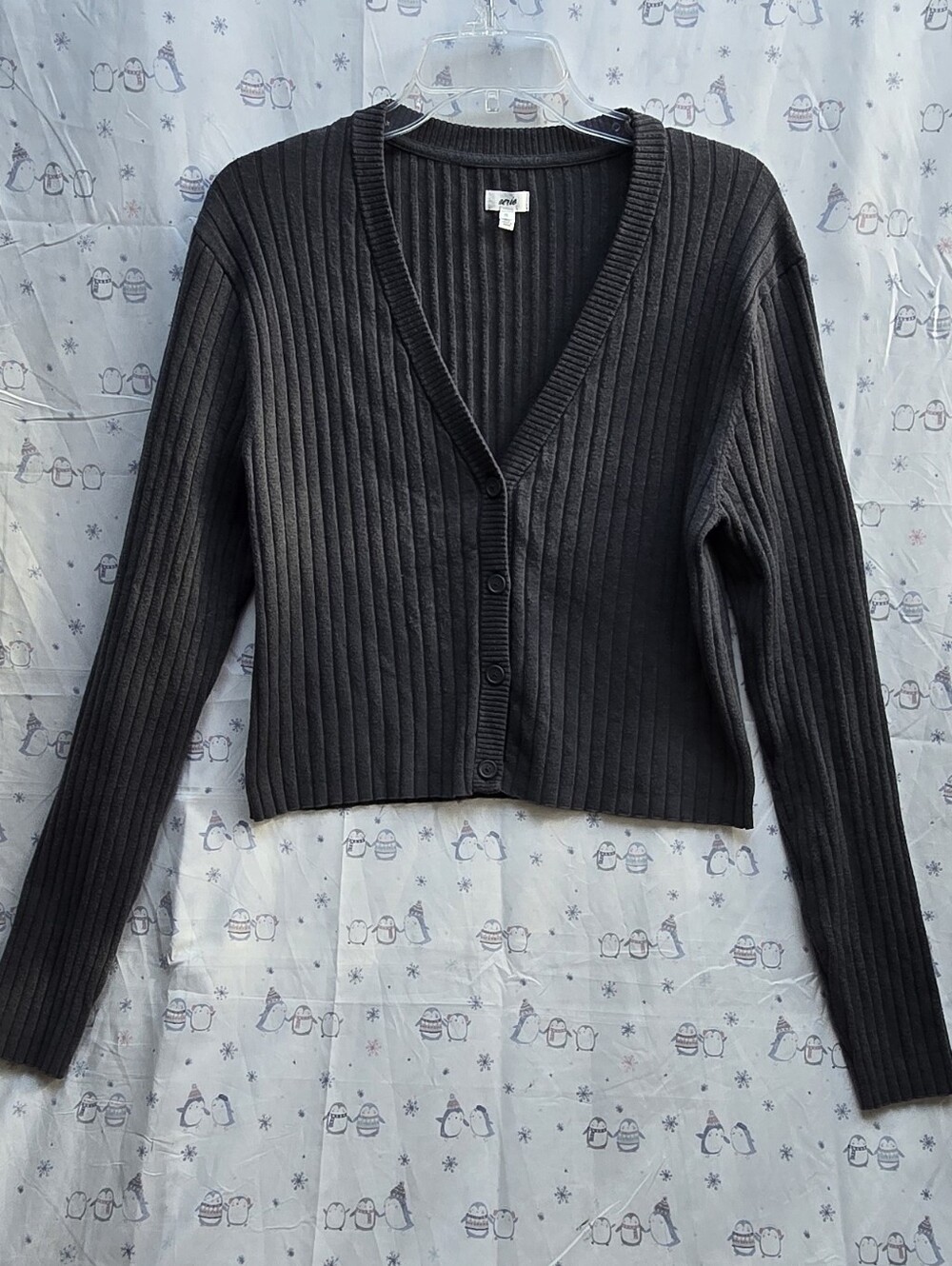 Aerie Charcoal Ribbed V-Neck Button-Front Cardigan. Size XL